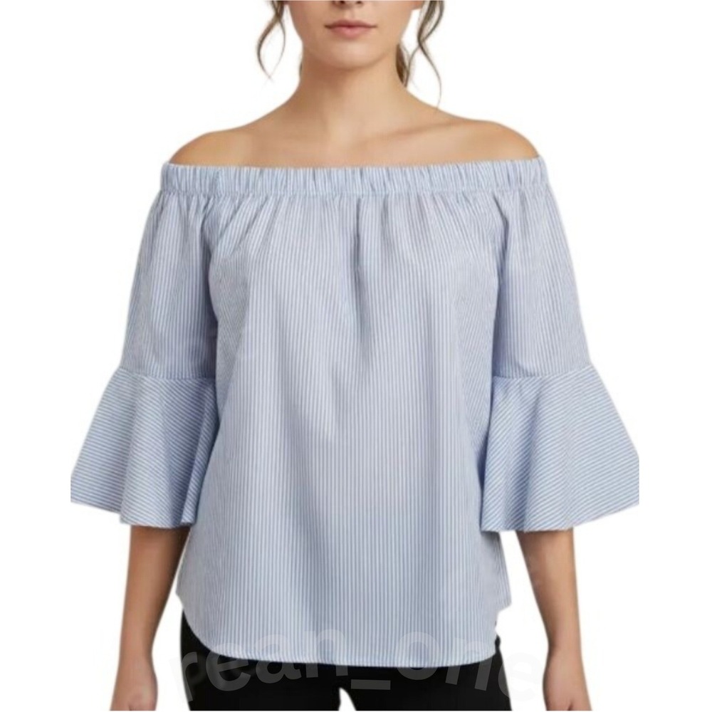 Kontrol Contemporary Blue & White Stripe Off-Shoulder 3/4 Sleeve Blouse Medium